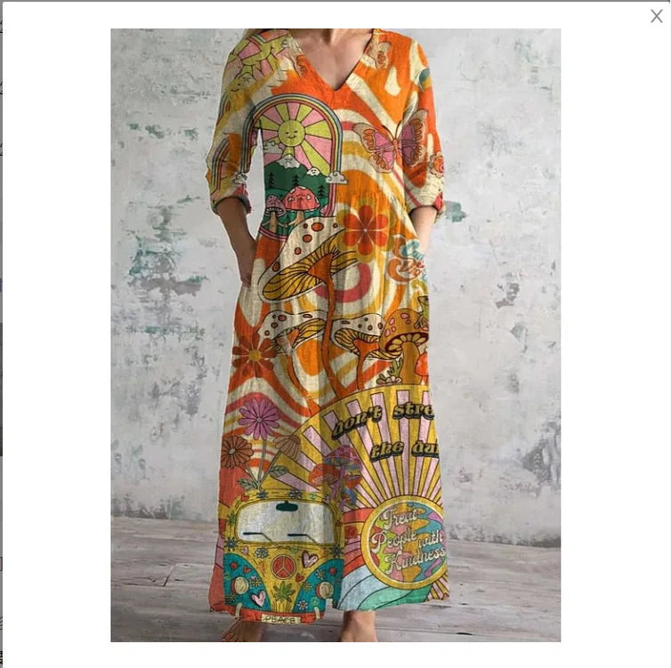 Elegante Maxi Jurk met V-Hals, Print en Lange Mouwen