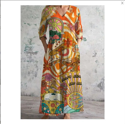 Elegante Maxi Jurk met V-Hals, Print en Lange Mouwen