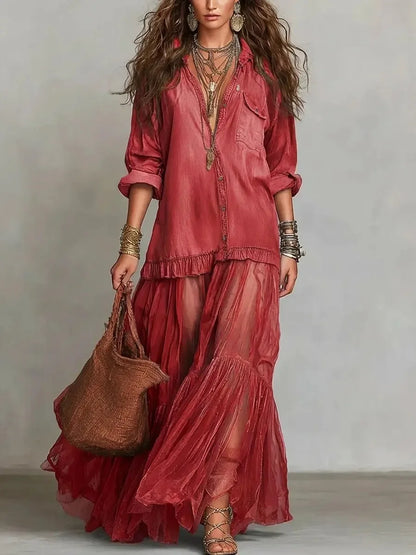 Elegante Denim Maxi-Jurk met Organza Zoom en Tailleceintuur