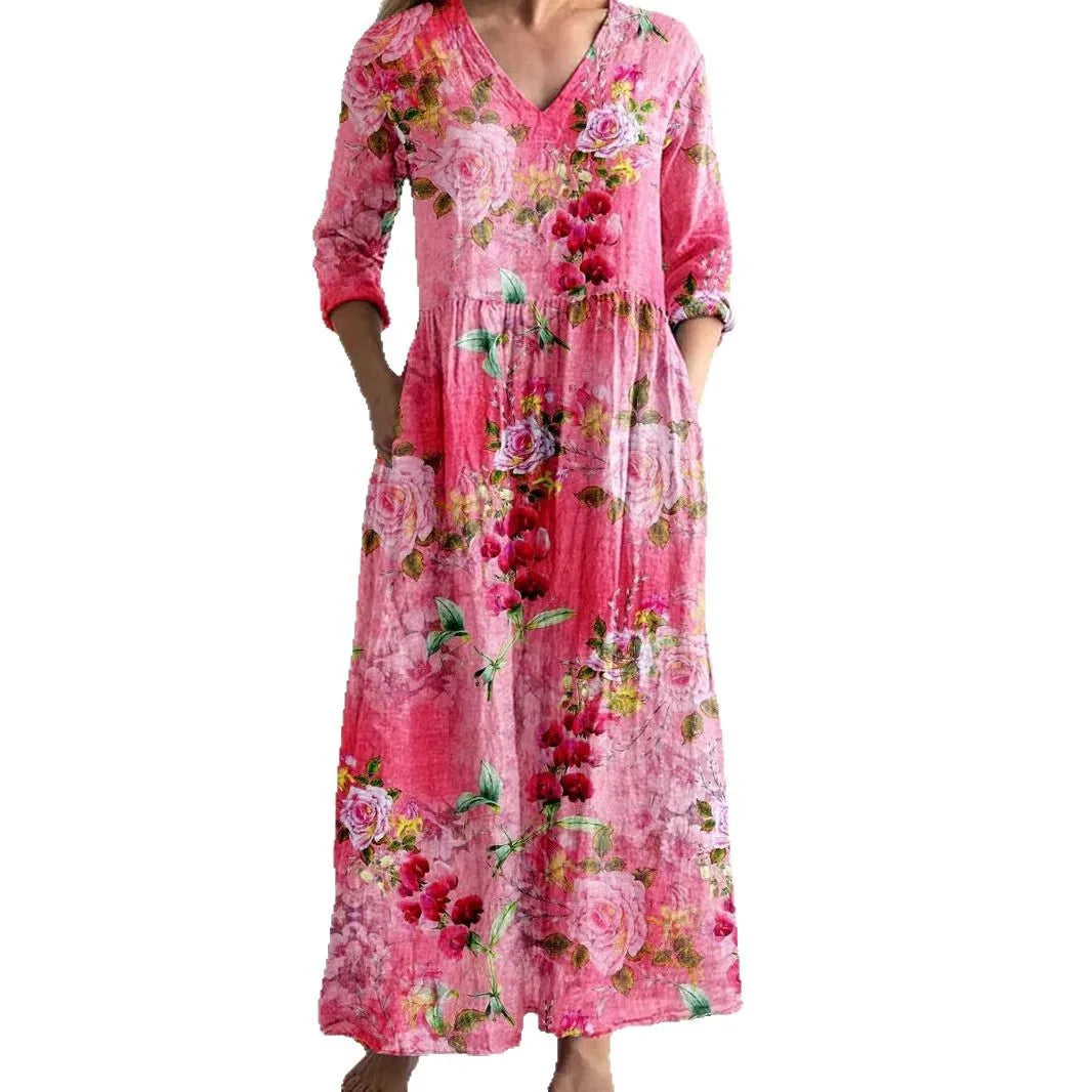Elegante Maxi Jurk met V-Hals, Print en Lange Mouwen