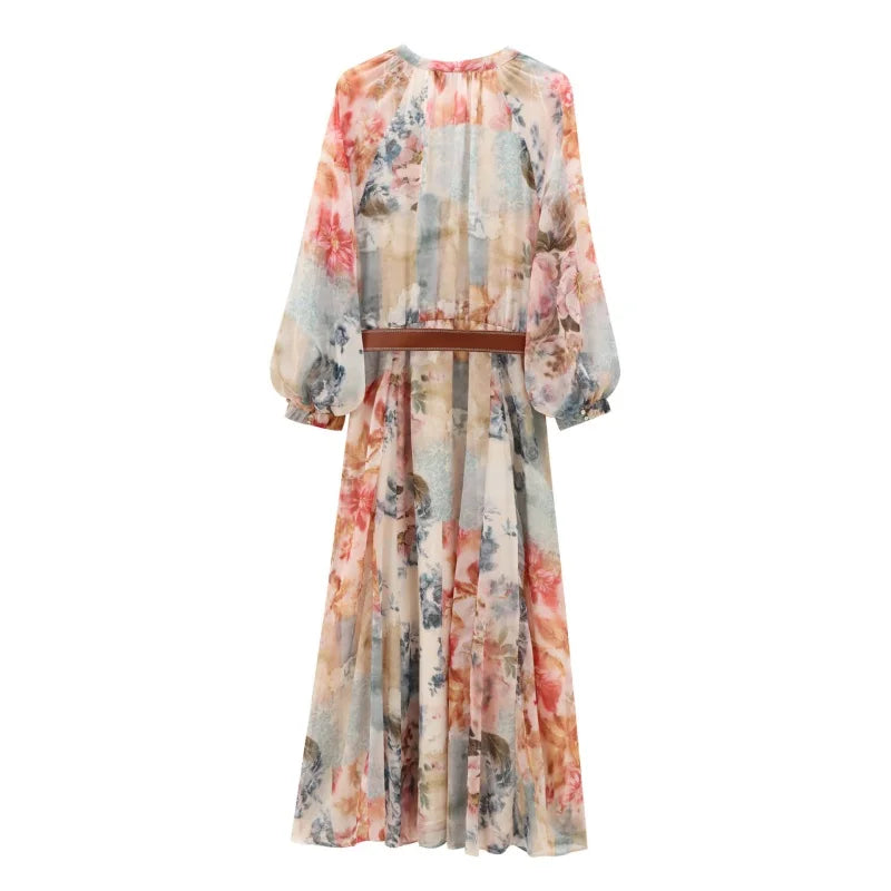 Elegante Maxi Jurk met Bloemenprint en Tailleceintuur