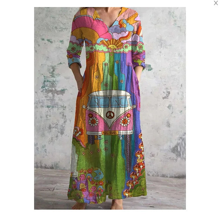 Elegante Maxi Jurk met V-Hals, Print en Lange Mouwen