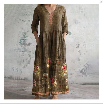 Elegante Maxi Jurk met V-Hals, Print en Lange Mouwen