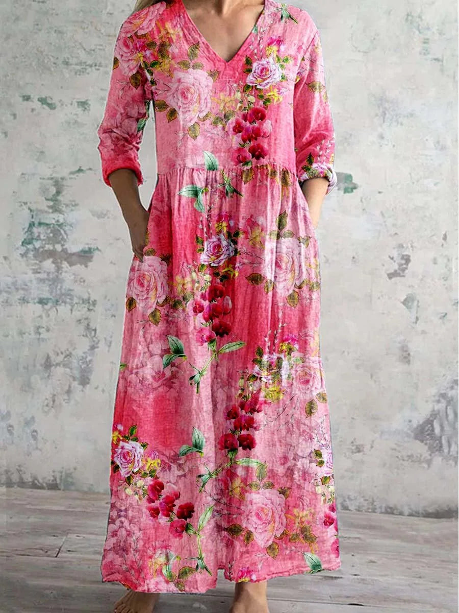 Elegante Maxi Jurk met V-Hals, Print en Lange Mouwen