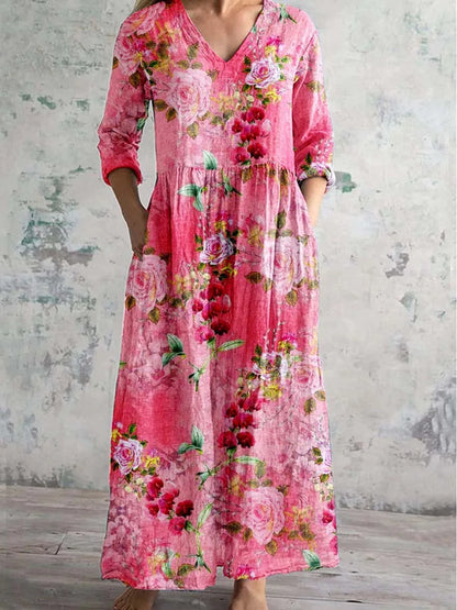 Elegante Maxi Jurk met V-Hals, Print en Lange Mouwen
