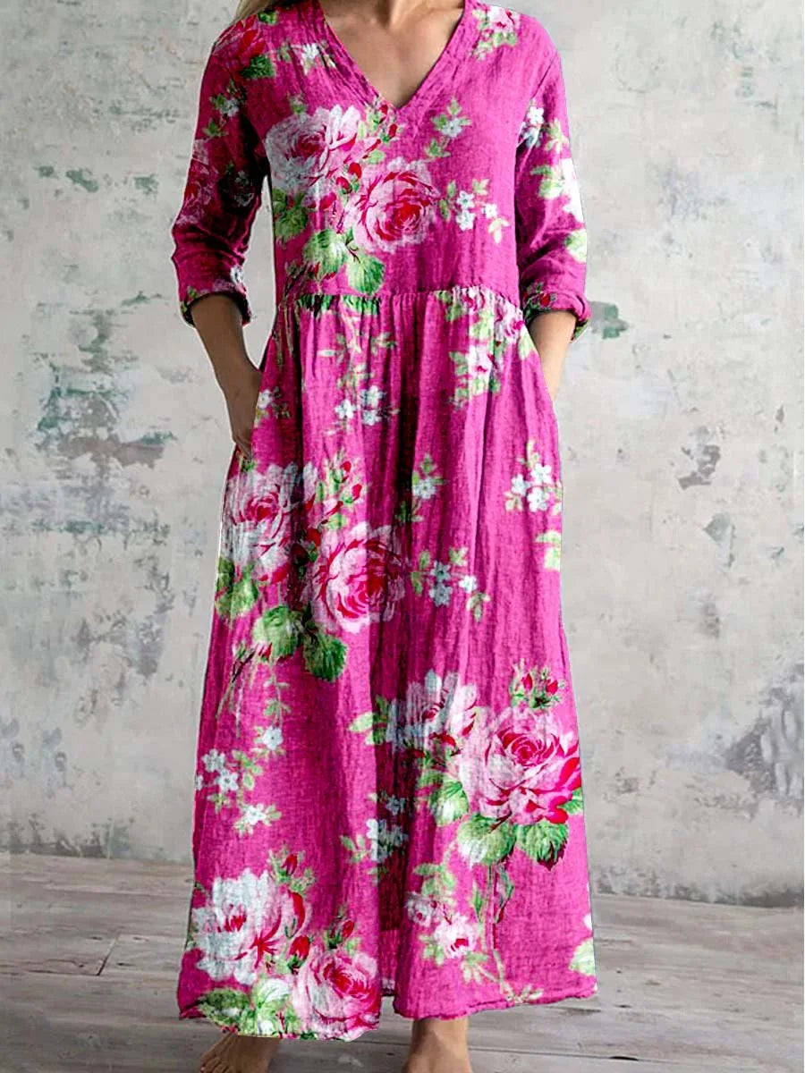 Elegante Maxi Jurk met V-Hals, Print en Lange Mouwen