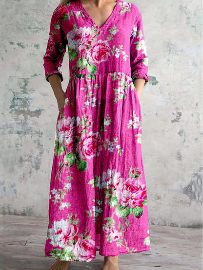 Elegante Maxi Jurk met V-Hals, Print en Lange Mouwen