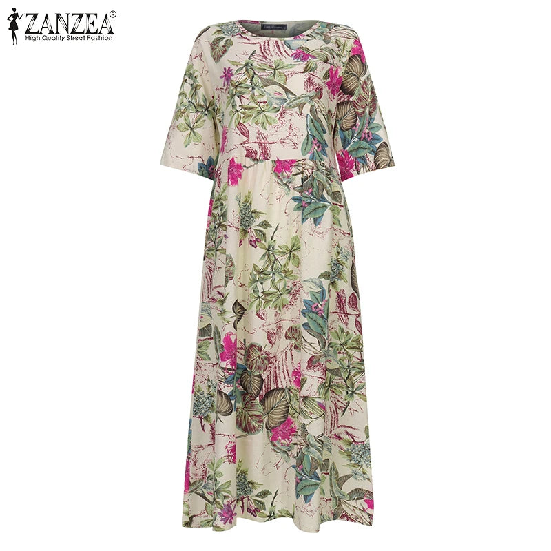 Bohemian Zomerjurk met Bloemenprint en Korte Mouwen