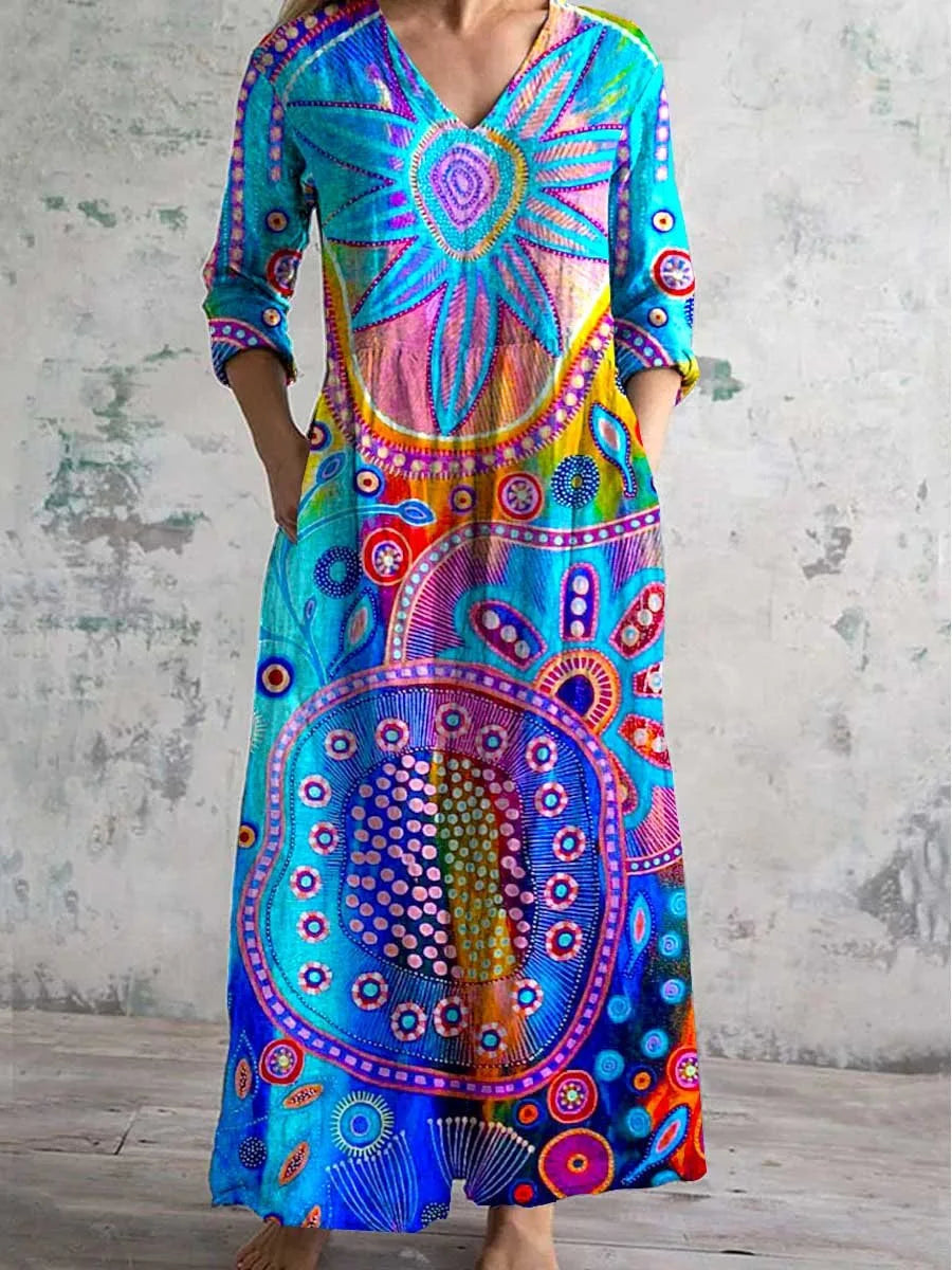 Elegante Maxi Jurk met V-Hals, Print en Lange Mouwen