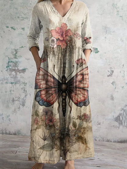Elegante Maxi Jurk met V-Hals, Print en Lange Mouwen