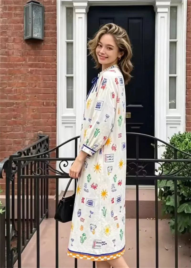 Elise | Lange Zomerjurk met Print en Mouwen