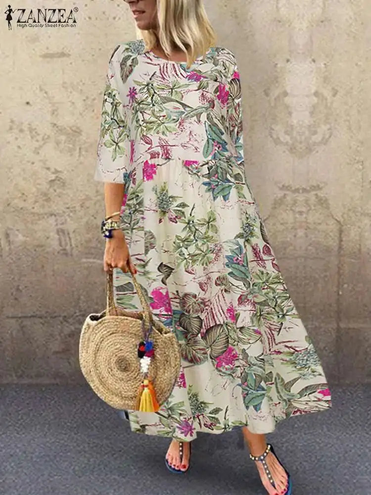 Bohemian Zomerjurk met Bloemenprint en Korte Mouwen