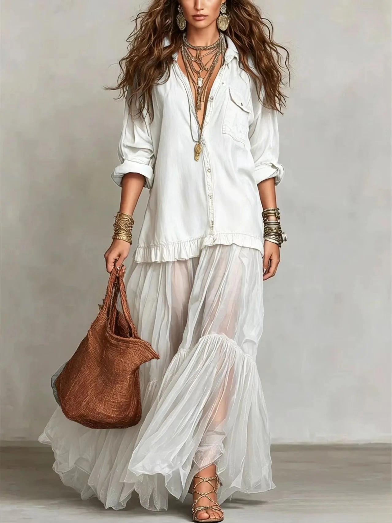 Elegante Denim Maxi-Jurk met Organza Zoom en Tailleceintuur