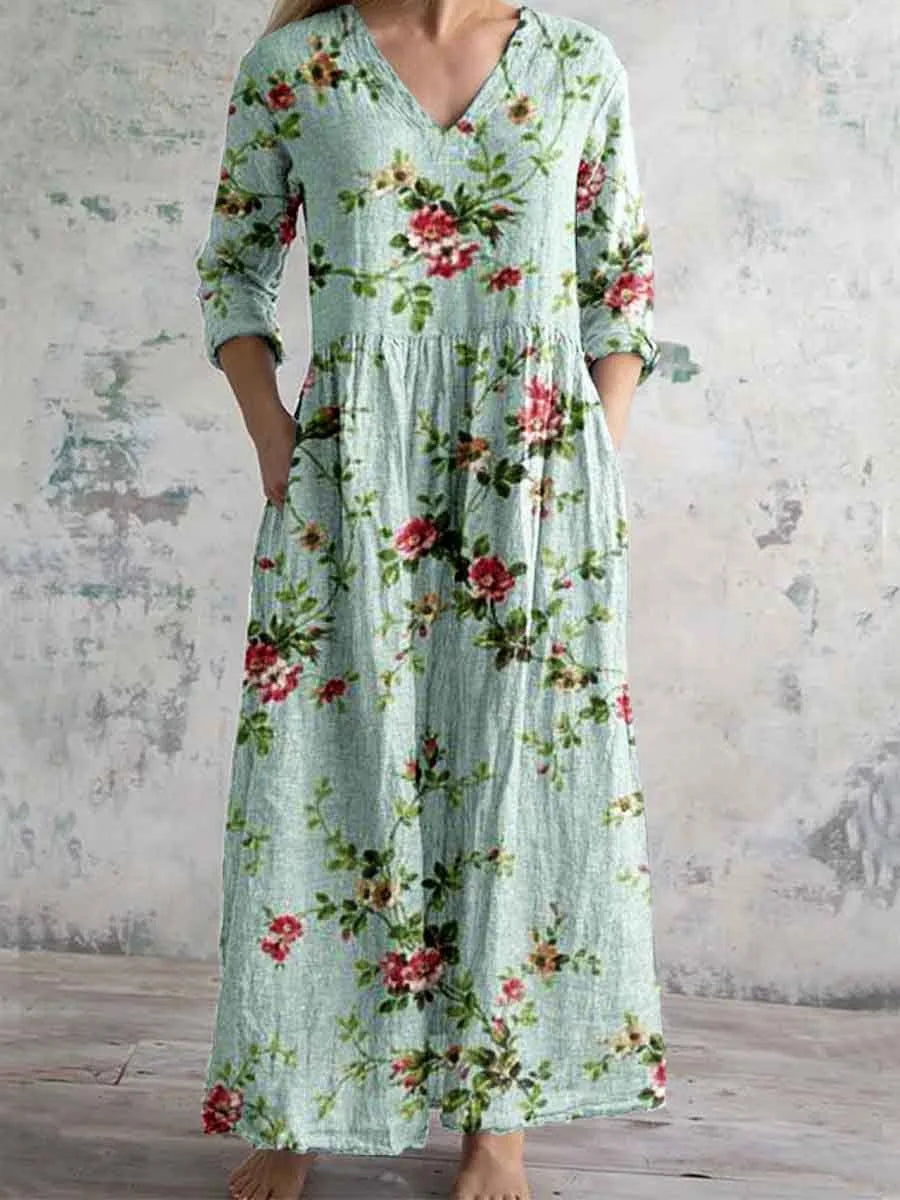Elegante Maxi Jurk met V-Hals, Print en Lange Mouwen