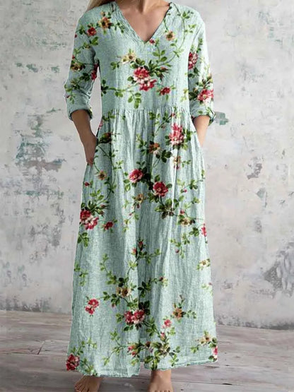Elegante Maxi Jurk met V-Hals, Print en Lange Mouwen