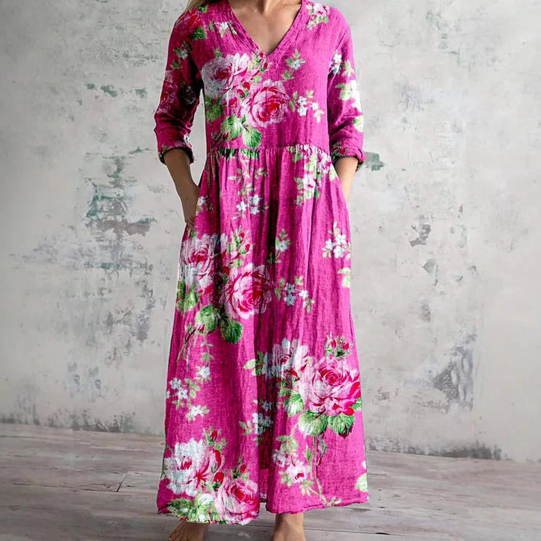 Elegante Maxi Jurk met V-Hals, Print en Lange Mouwen