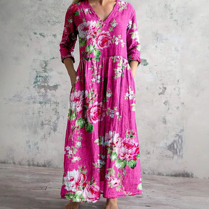 Elegante Maxi Jurk met V-Hals, Print en Lange Mouwen