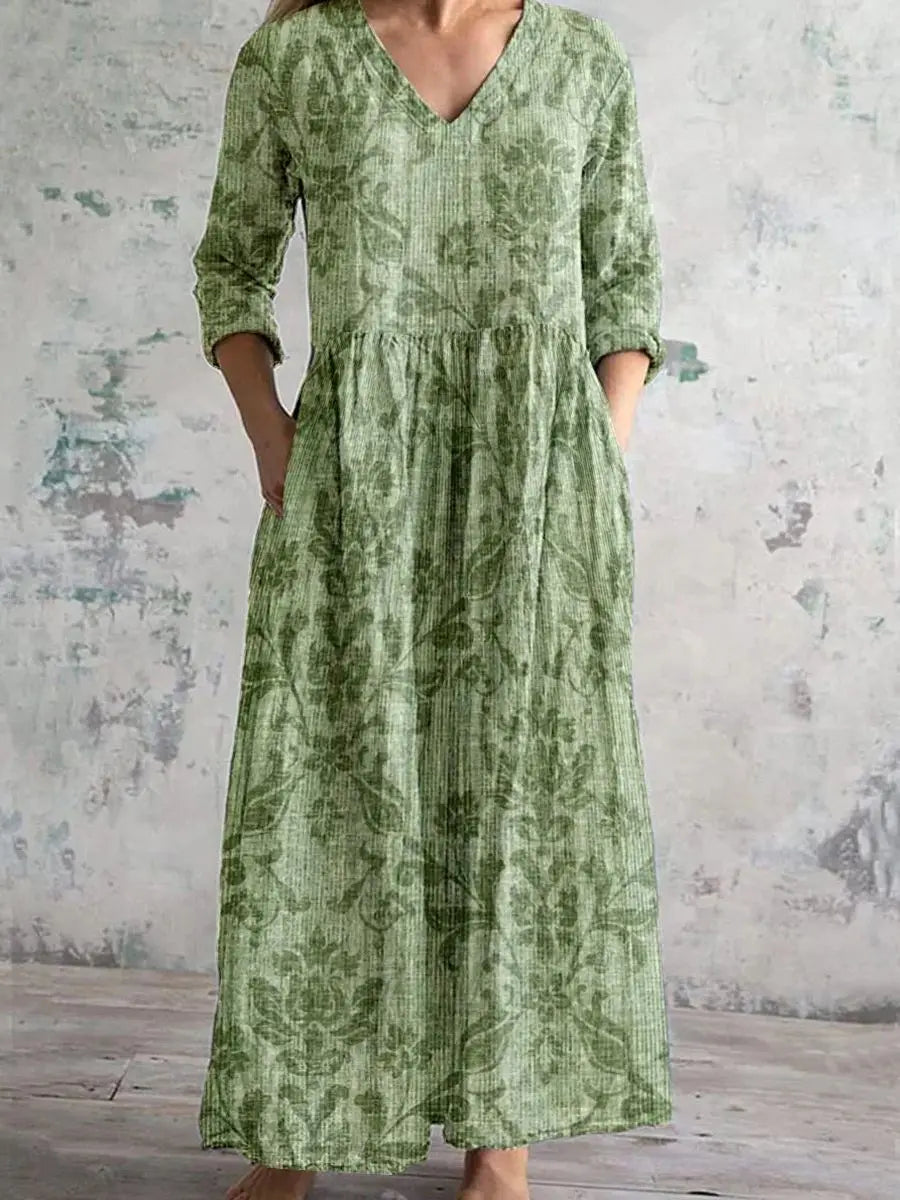 Elegante Maxi Jurk met V-Hals, Print en Lange Mouwen