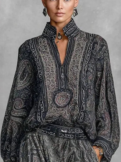 Elegante 2-Delige Damesset met Bloemenprint | Lange Mouw Top & Bijpassende Broek