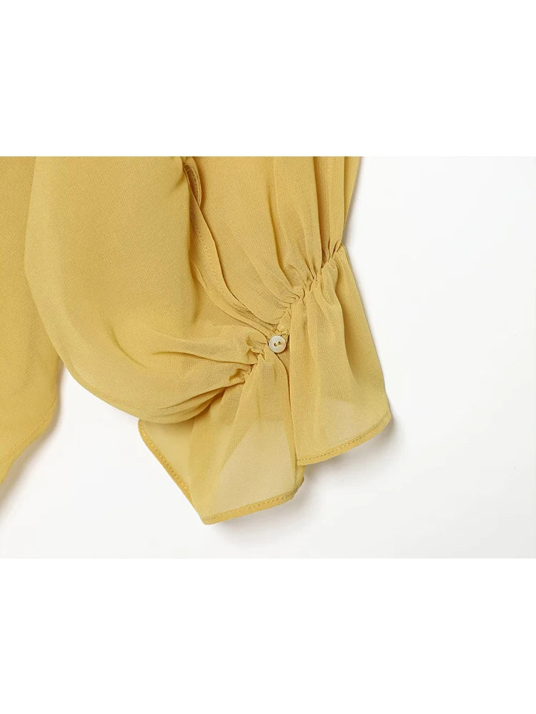 Elegante Kanten Blouse met Strikdetail en Transparante Mouwen
