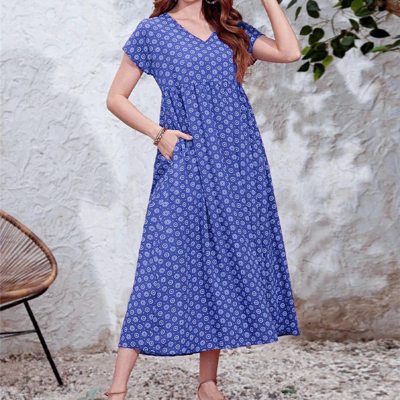 Nora | Bohemian Maxi Jurk met V-hals en Zakken