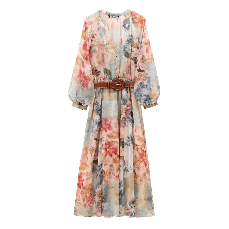 Elegante Maxi Jurk met Bloemenprint en Tailleceintuur