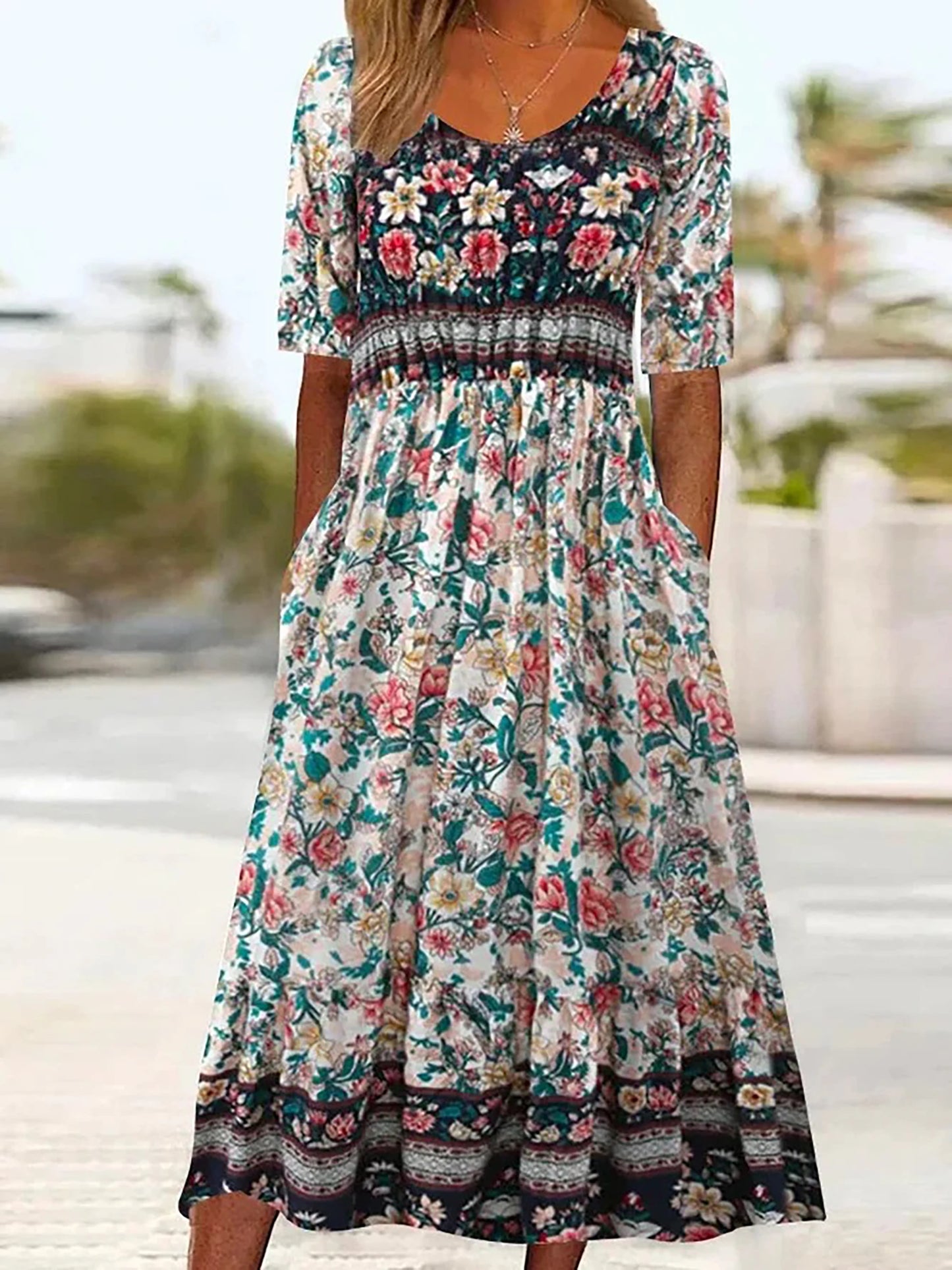 Bohemian Zomerjurk met Print en Korte Mouwen