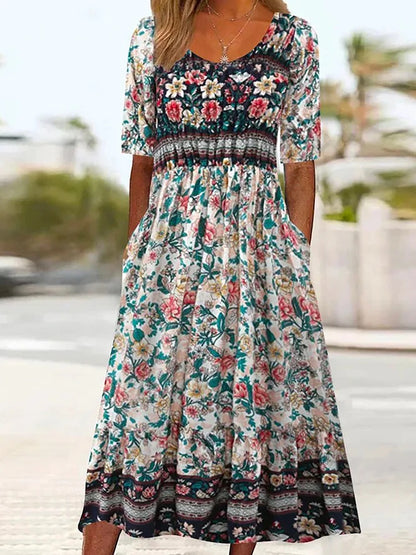 Bohemian Zomerjurk met Print en Korte Mouwen