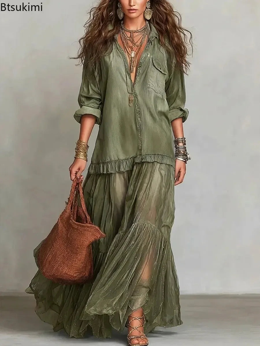 Elegante Denim Maxi-Jurk met Organza Zoom en Tailleceintuur