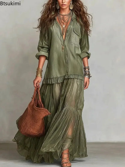 Elegante Denim Maxi-Jurk met Organza Zoom en Tailleceintuur