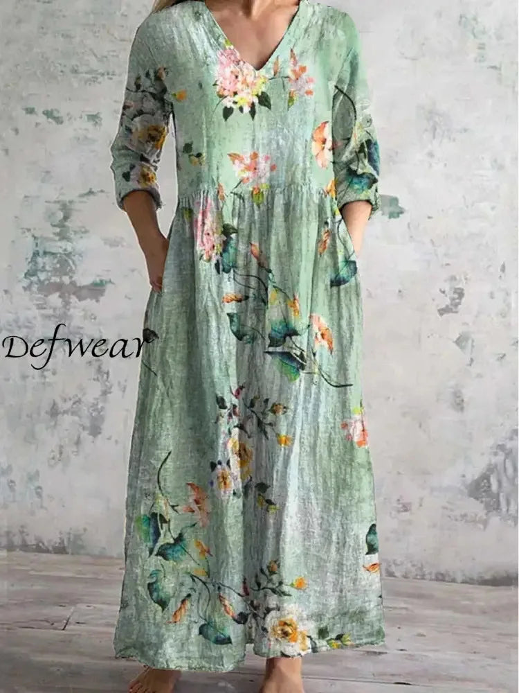Elegante Maxi Jurk met V-Hals, Print en Lange Mouwen