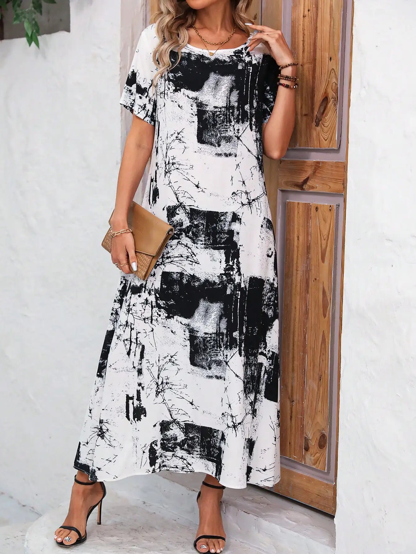 Noëlle | Zwart-Witte Maxi Jurk met Abstracte Print