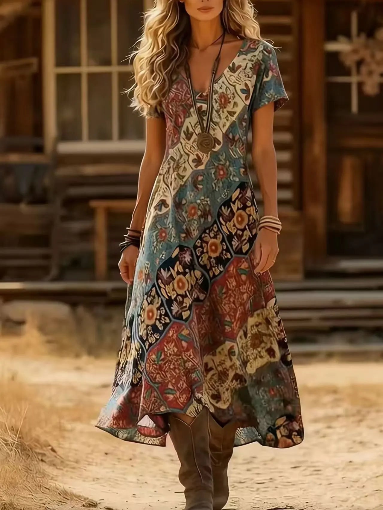 Elara™ Bohemian Maxi Jurk met V-Hals