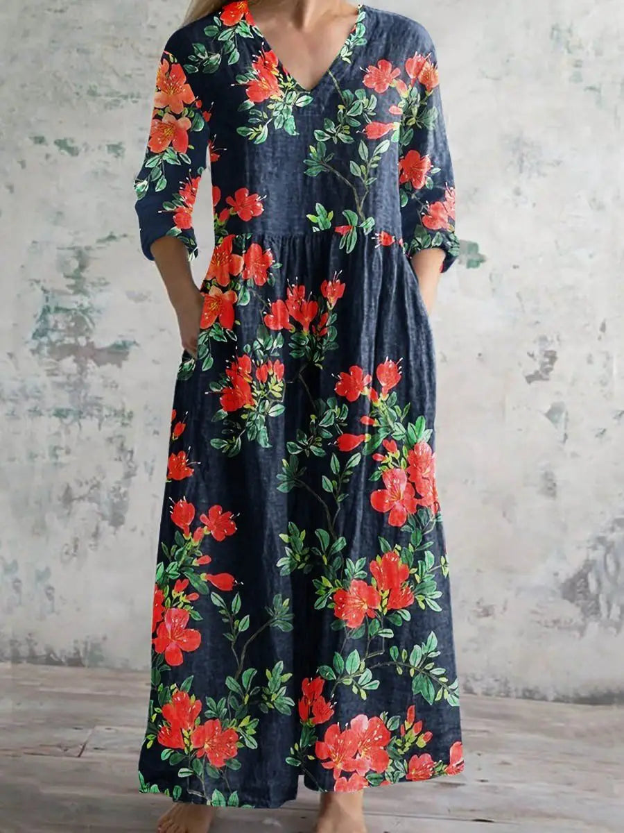 Elegante Maxi Jurk met V-Hals, Print en Lange Mouwen