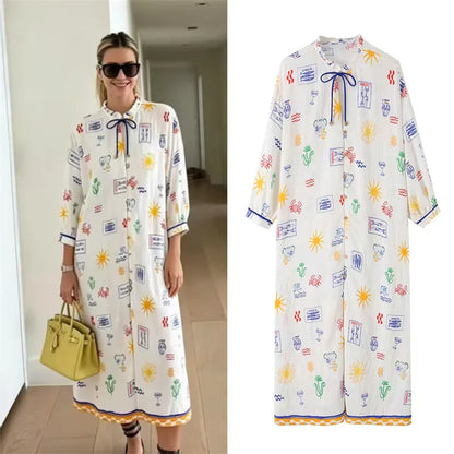 Elise | Lange Zomerjurk met Print en Mouwen
