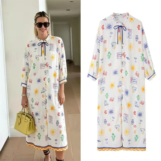 Elise | Lange Zomerjurk met Print en Mouwen