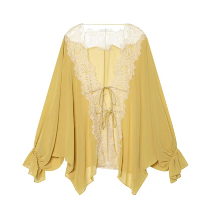Elegante Kanten Blouse met Strikdetail en Transparante Mouwen