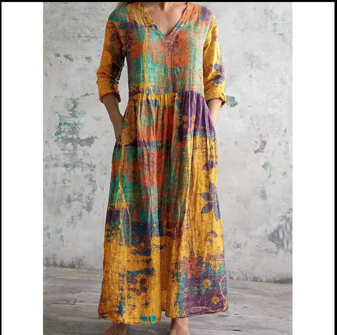 Elegante Maxi Jurk met V-Hals, Print en Lange Mouwen