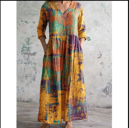 Elegante Maxi Jurk met V-Hals, Print en Lange Mouwen