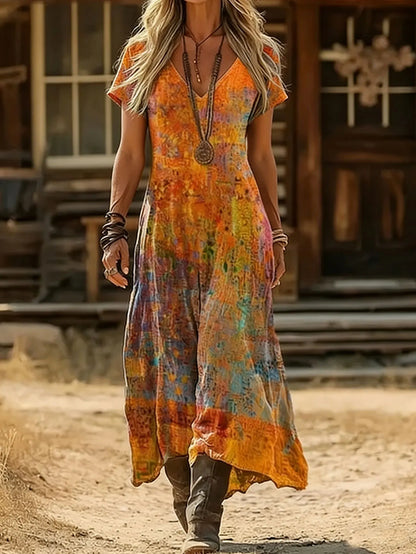 Elara™ Bohemian Maxi Jurk met V-Hals