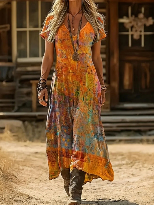 Elara™ Bohemian Maxi Jurk met V-Hals