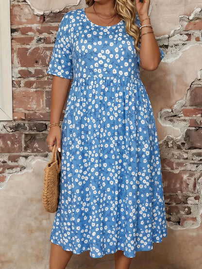 Celeste | Blauwe Midi Jurk met Bloemenprint en Zakken