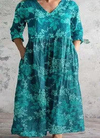 Elegante Maxi Jurk met V-Hals, Print en Lange Mouwen