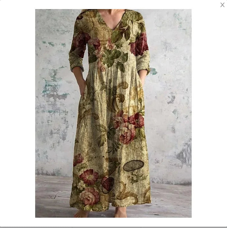 Elegante Maxi Jurk met V-Hals, Print en Lange Mouwen