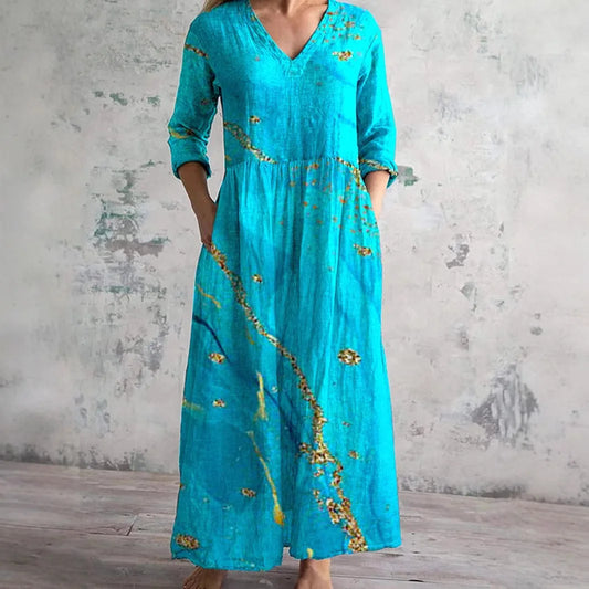 Elegante Maxi Jurk met V-Hals, Print en Lange Mouwen