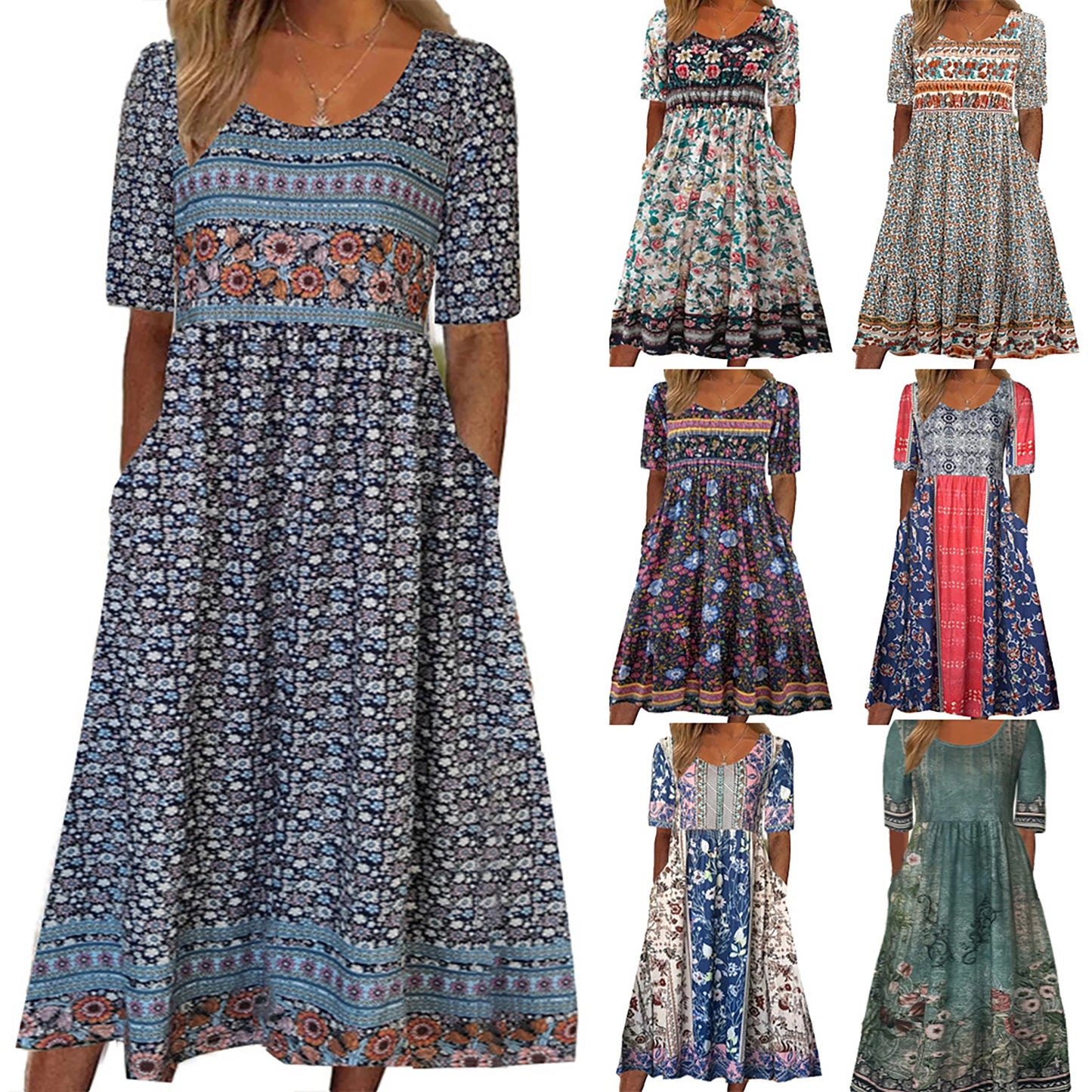 Bohemian Zomerjurk met Print en Korte Mouwen