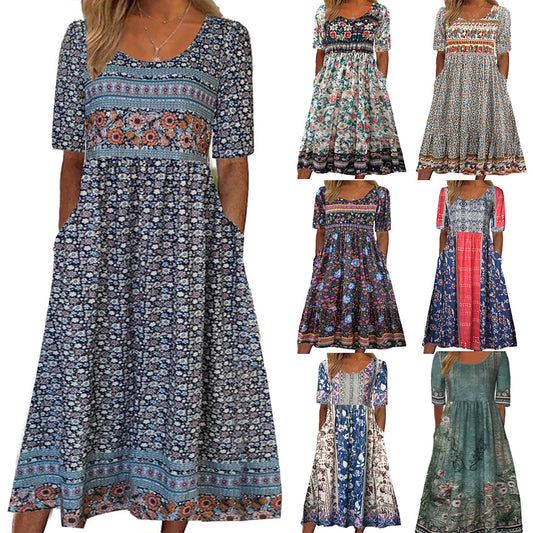 Bohemian Zomerjurk met Print en Korte Mouwen