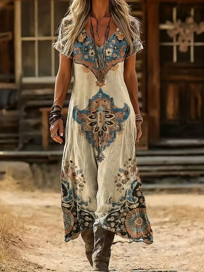 Elara™ Bohemian Maxi Jurk met V-Hals