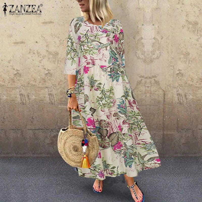 Bohemian Zomerjurk met Bloemenprint en Korte Mouwen
