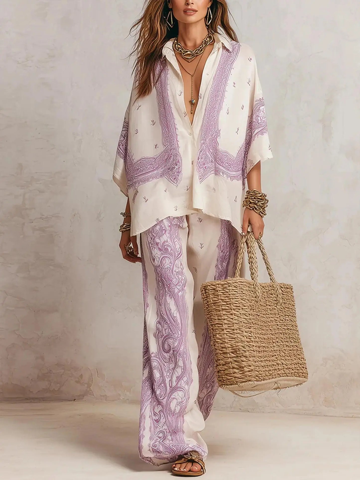 Elise™ Elegante Paisley Tweedelige Set met Blouse en Wijde Broek